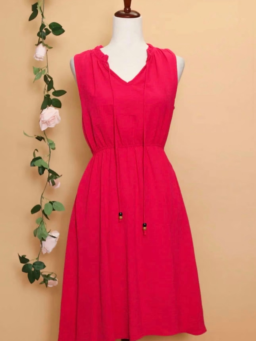 Sleeveless Fuchsia Drawstring-Waist Midi Dress